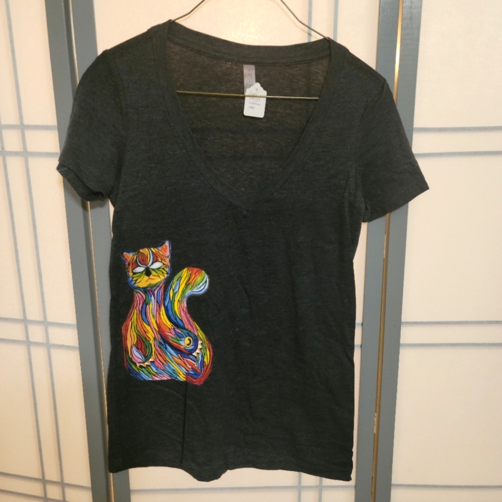 Lady's V-Neck Graphic Tee "Cat" by rk3handcrafted